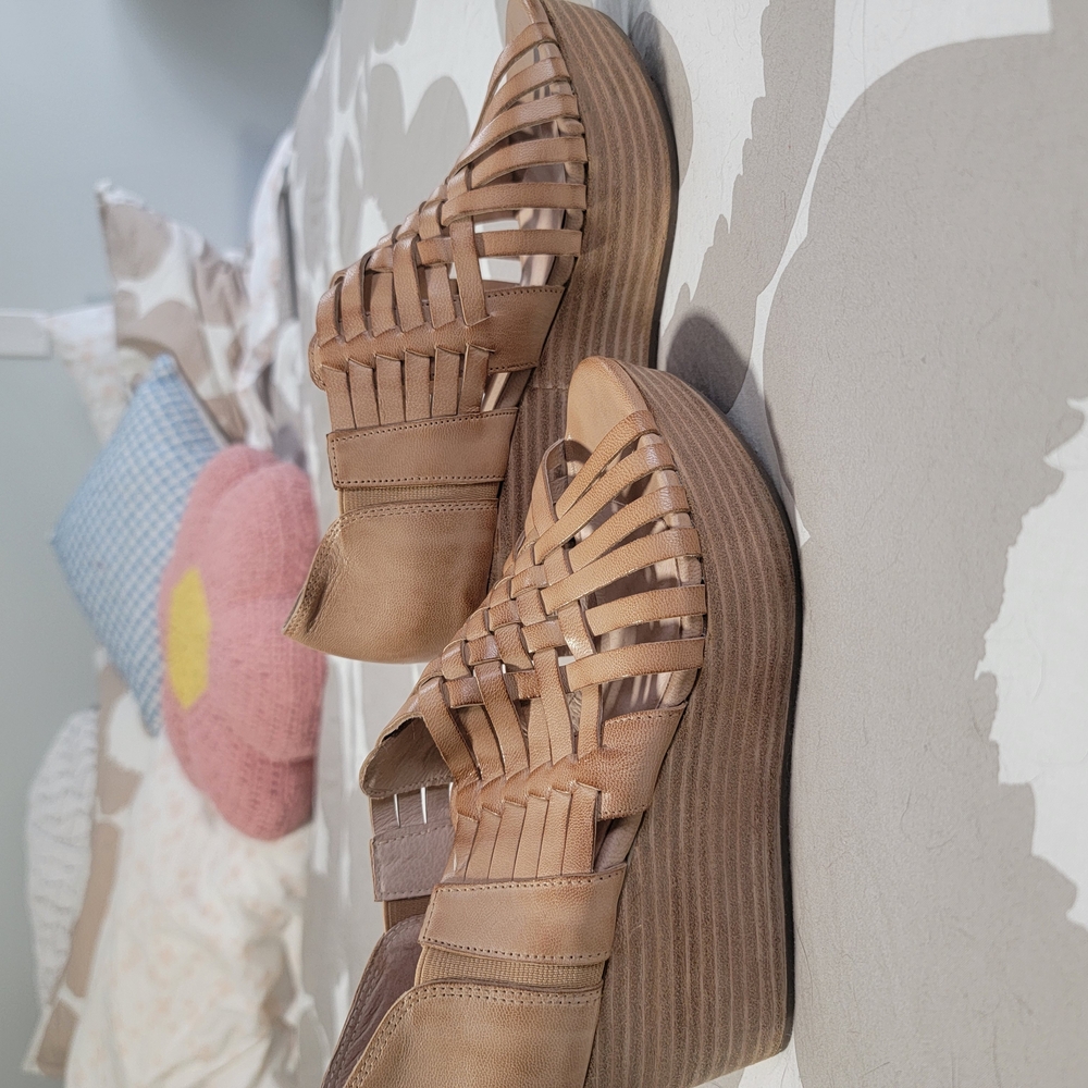 Chocolat Blu Tan Wedge Sandals with Woven Design
